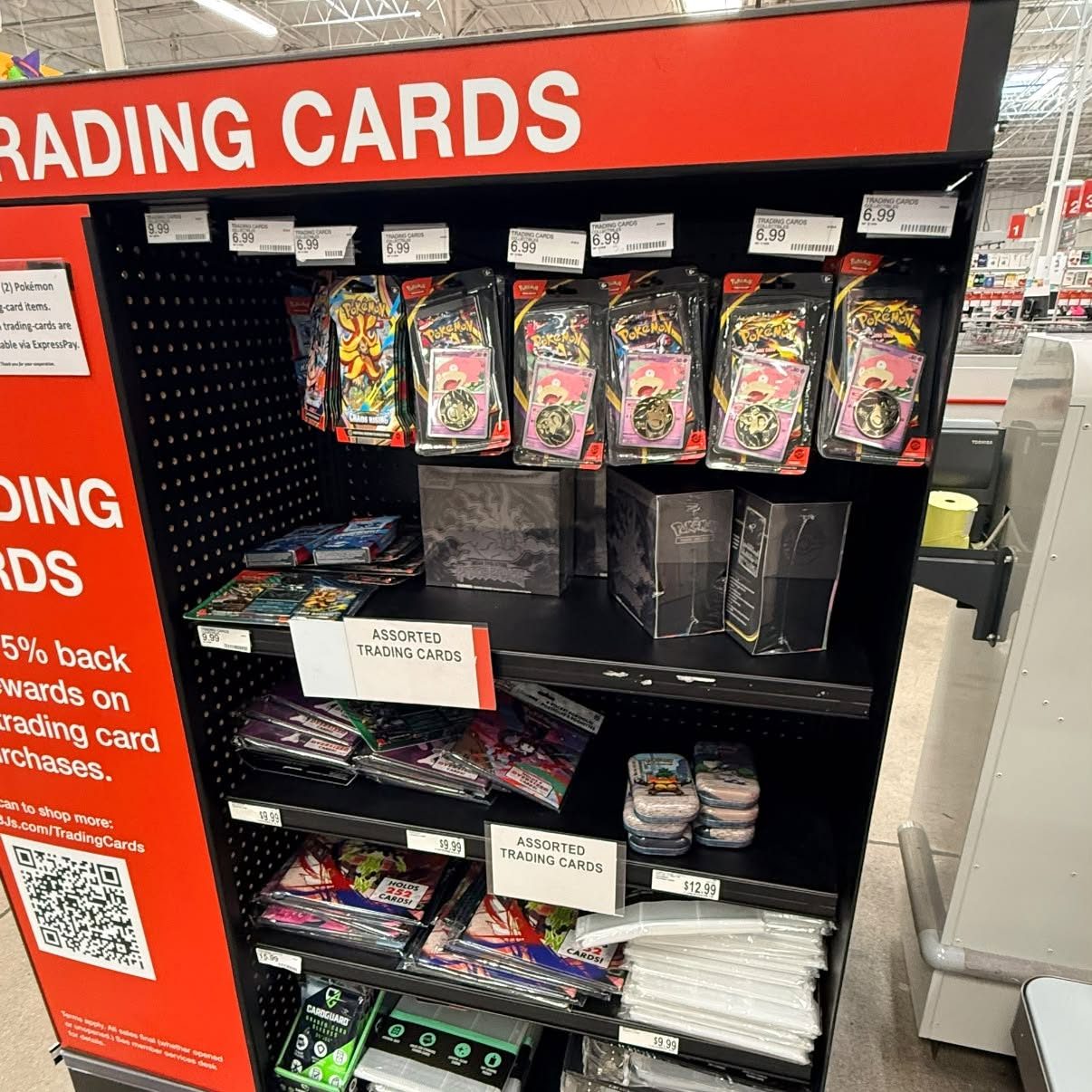 Shelf photo: PB ETB $60, PB Slowpoke $7, PB booster $10, 2pk Zarude $10, Luminose tin $13 Mixed restock (multiple items) at BJ's Wholesale Club